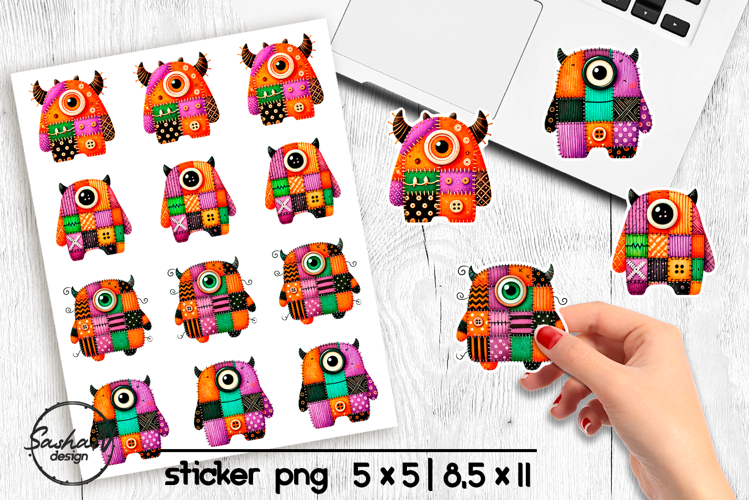 Halloween cute monster stickers png, Patchwork Halloween