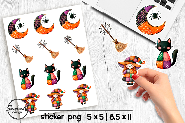 Halloween patchwork witch stickers png