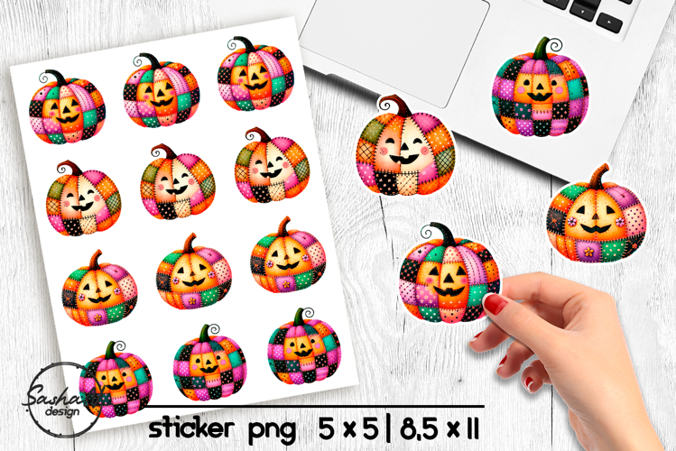 Halloween pumpkin stickers png, Patchwork Halloween