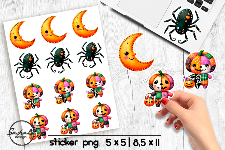 Cute pumpkin monster Halloween patchwork stickers png
