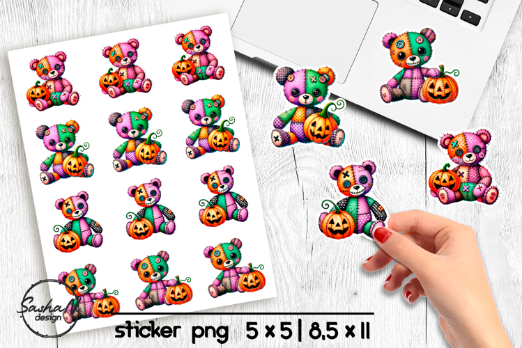 Halloween teddy bear stickers png, Patchwork Halloween