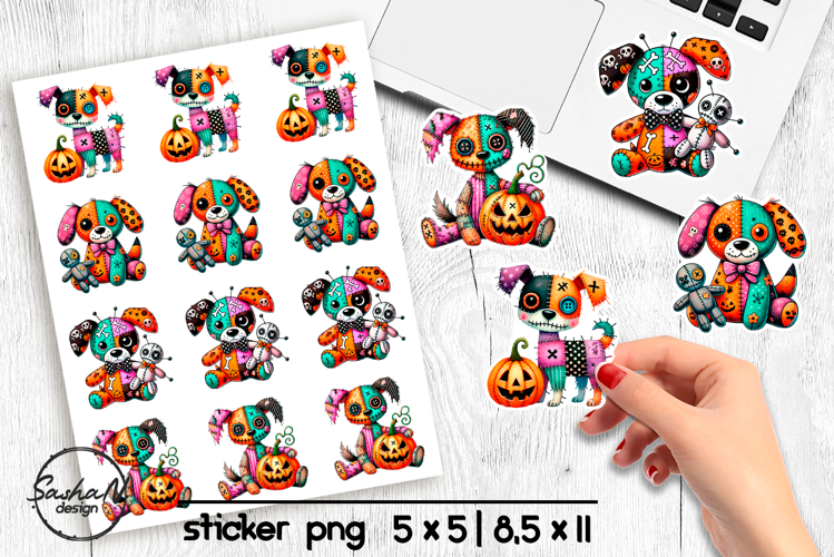 Halloween dog stickers png, Patchwork Halloween