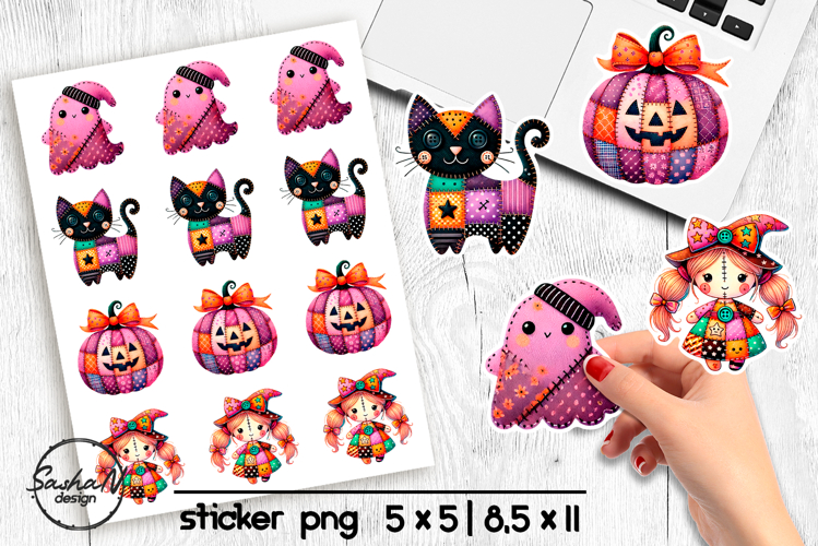 Halloween stickers png, Patchwork Halloween