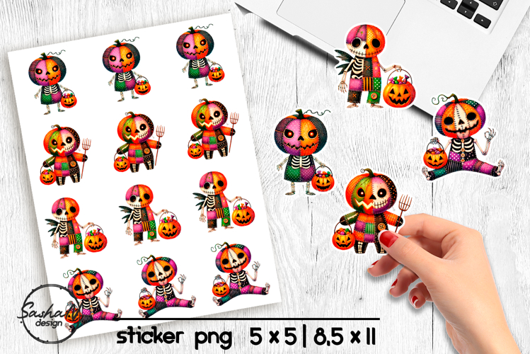 Pumpkin monster Halloween patchwork stickers png