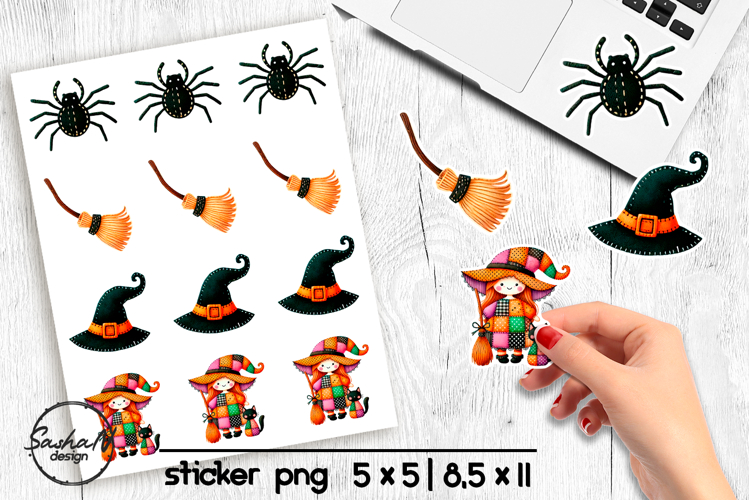 Halloween patchwork witch stickers png