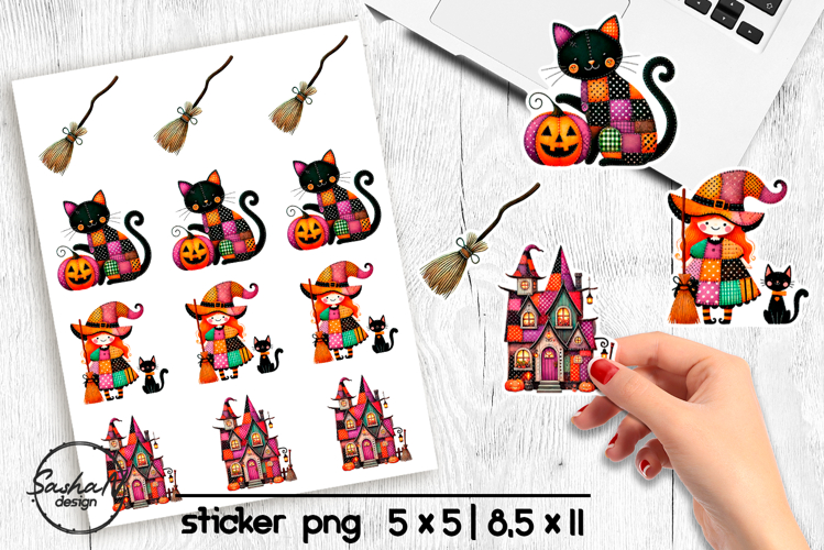 Halloween patchwork witch stickers png