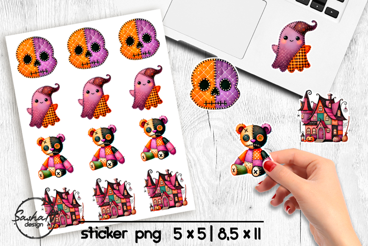 Halloween stickers png, Patchwork Halloween