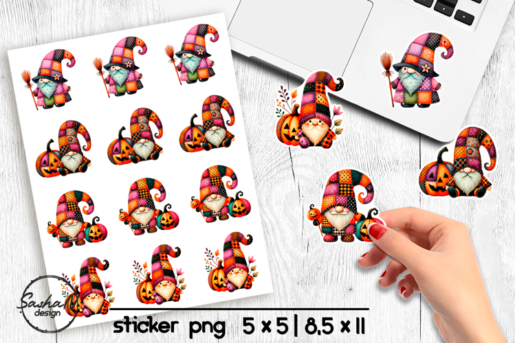 Halloween gnome stickers png, Patchwork Halloween