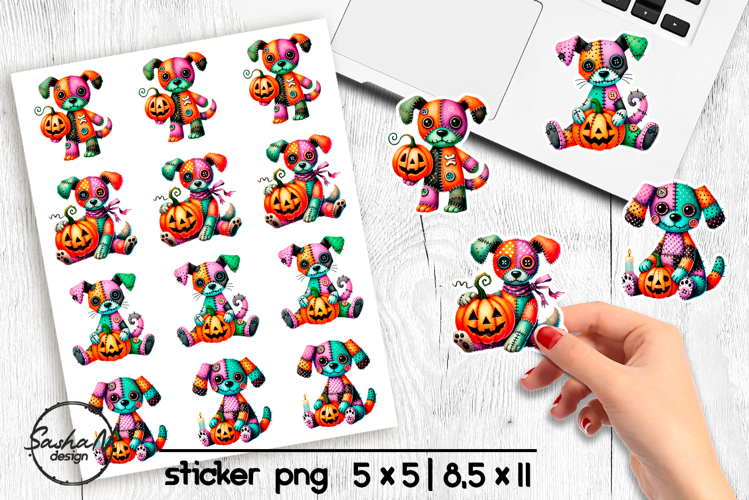 Halloween dog stickers png, Patchwork Halloween