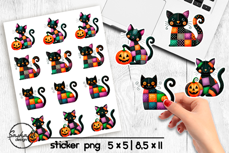 Halloween black cat stickers png, Patchwork Halloween