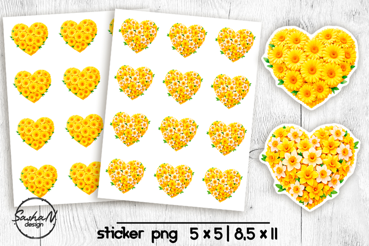 Yellow floral heart stickers, Printable stickers
