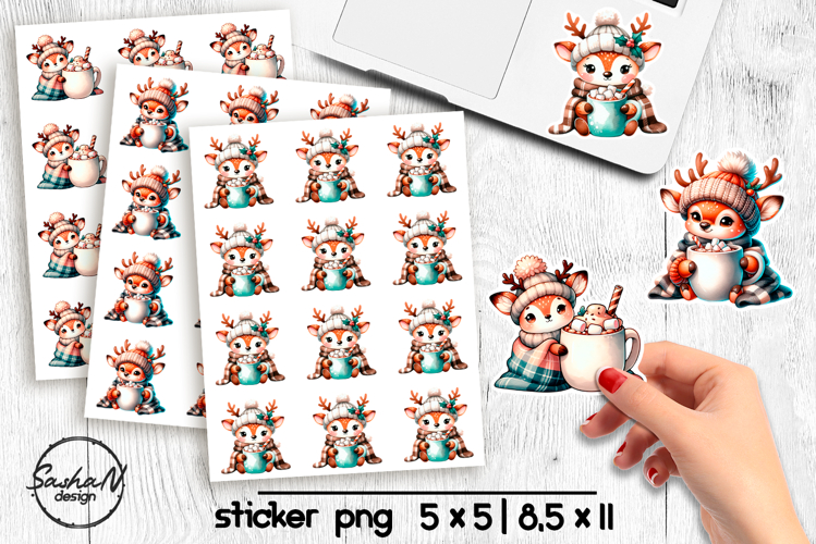 Cute Christmas reindeer stickers, Winter animals stickers