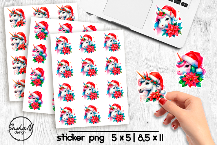 Christmas unicorn with poinsettia stickers