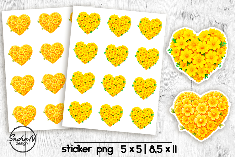 Yellow floral heart stickers, Printable stickers