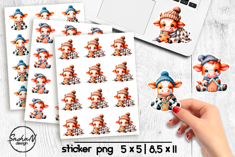 Cute Christmas cow stickers, winter animals stickers