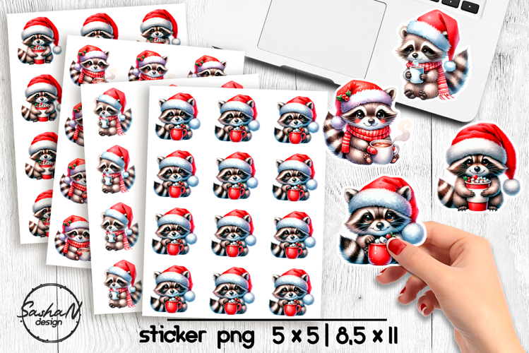 Cute Christmas racoon stickers, Winter animals stickers
