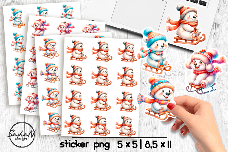Cute Christmas polar bear stickers, Winter animals stickers