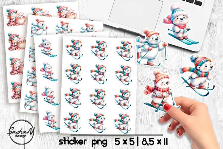 Cute Christmas polar bear stickers, Winter animals stickers