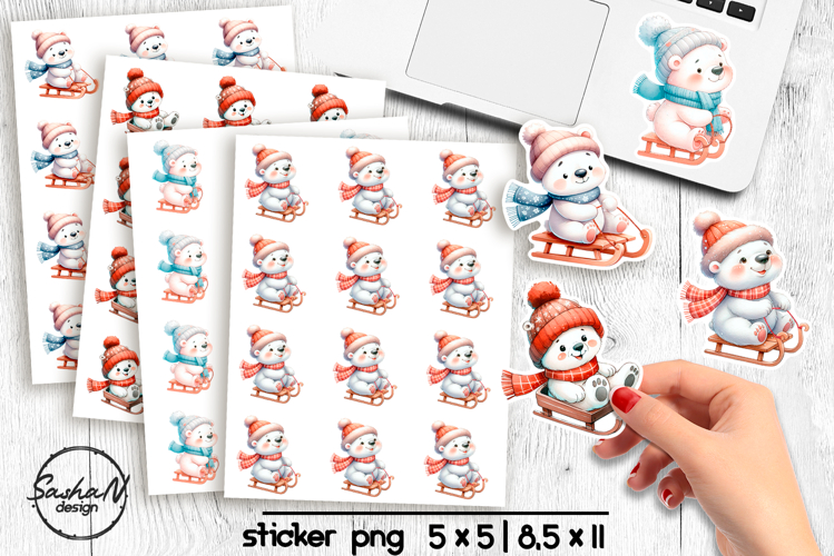 Cute Christmas polar bear stickers, Winter animals stickers