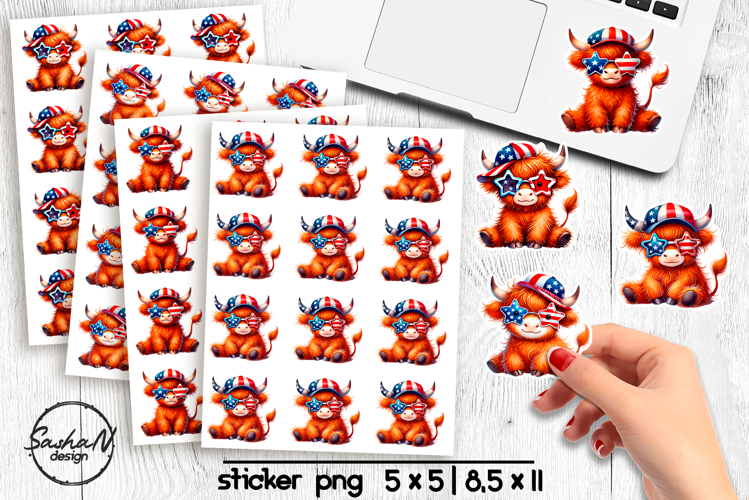4th of July Animal stickers, Highland cow stickers