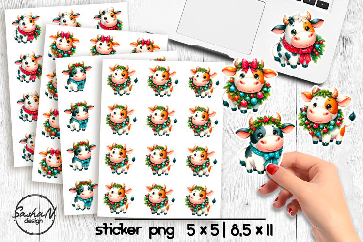 Cute cow Christmas stickers, winter animals stickers