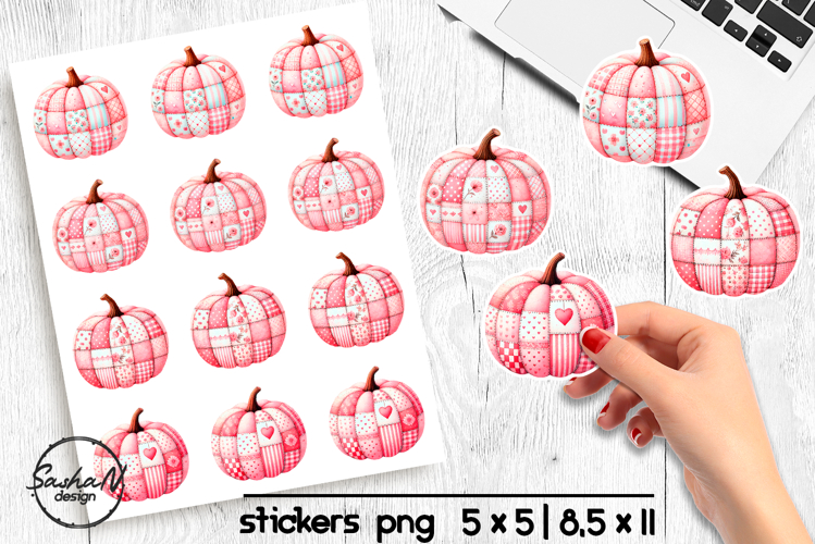 Pink patchwork pumpkin stickers