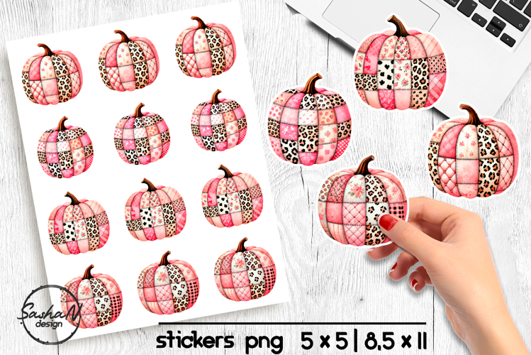 Pink patchwork pumpkin stickers