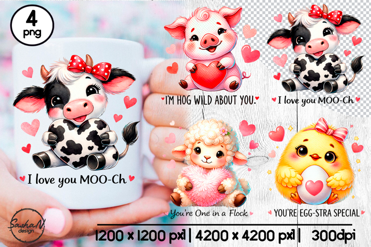 Valentines pun, Cute farm animals clipart