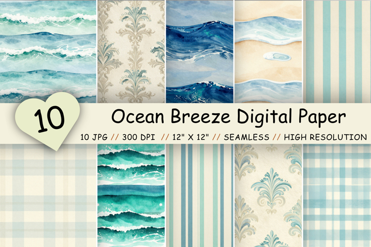 Ocean Breeze Digital Paper Pack, Coastal Wave Seamless