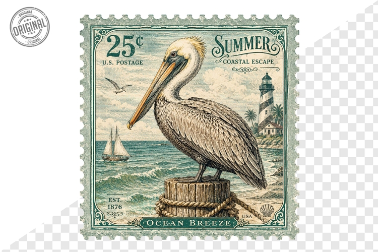 Ocean Breeze Pelican Vintage Coastal Stamp PNG Design