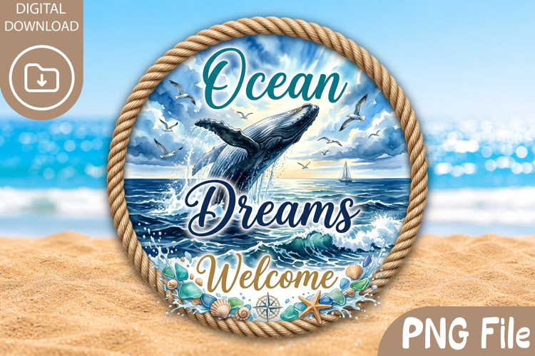 Ocean Dreams Welcome Sublimation , Round Watercolor Whale PN