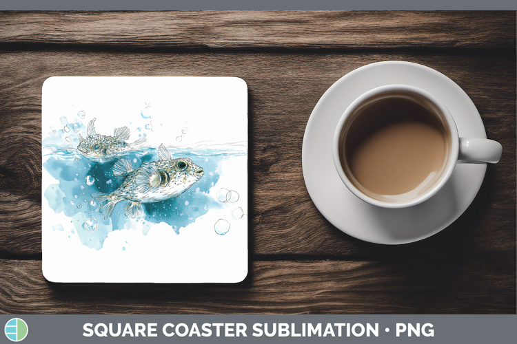 Pufferfish Ocean Fish Sketch Square Coaster Sublimation Desi