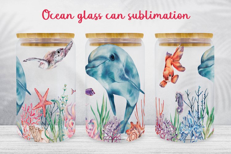 Dolphin glass can wrap Ocean sublimation png Underwater life