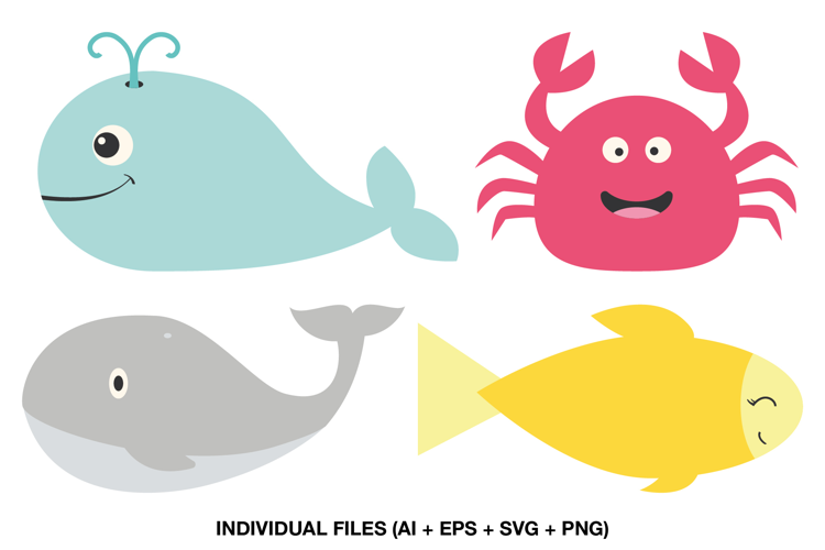 Cute Ocean Animals Clipart Whale, Crab and Fish