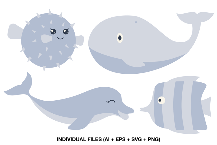Cute Ocean Animals Clipart, Whale Dolphin Pufferfish
