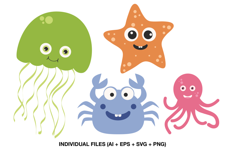 Cute Ocean Animals Clipart, Sea Creatures SVG PNG for Kids