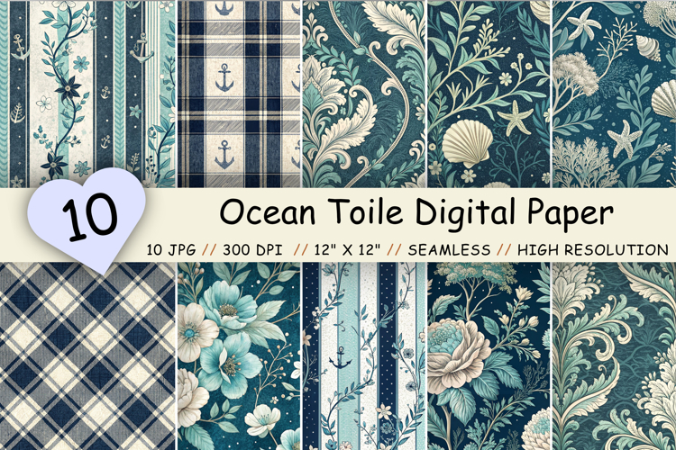 Ocean Toile Digital Paper Pack, Vintage Floral Toile