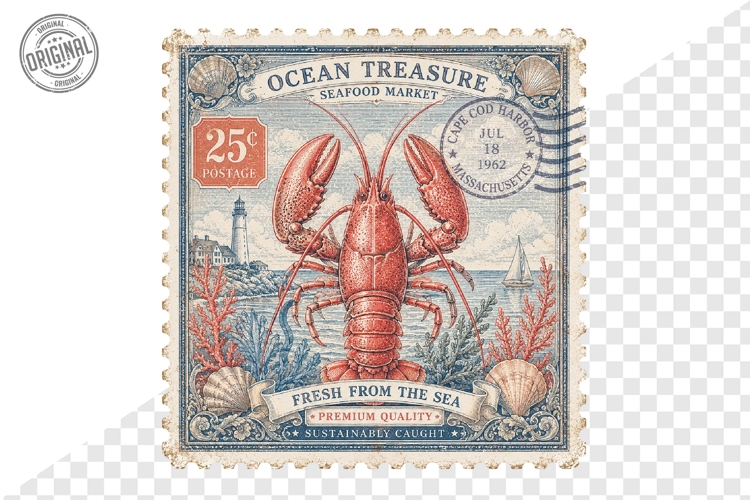 Ocean Treasure Lobster Vintage Coastal Stamp PNG Art