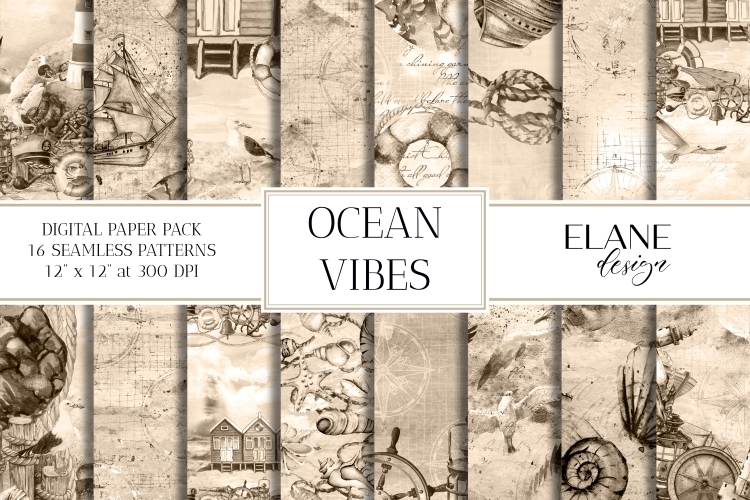 Vintage Nautical Digital Paper, Sepia Ocean Seamless Designs