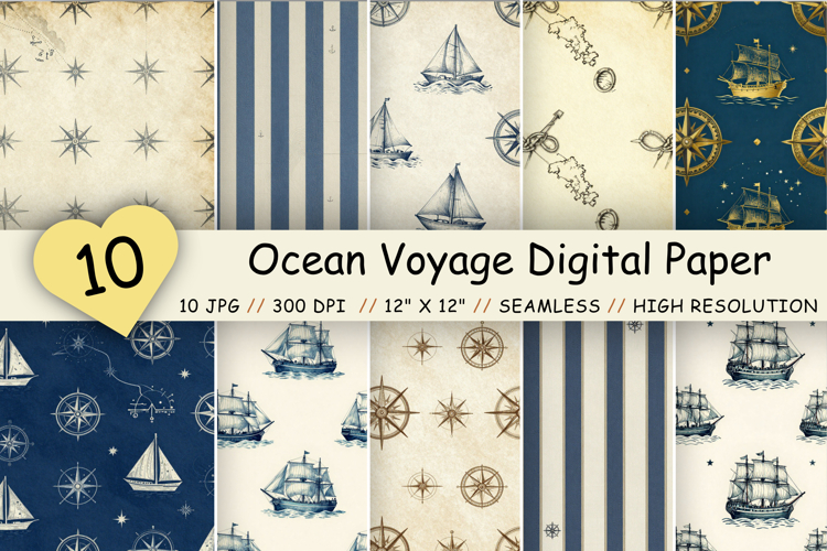 Ocean Voyage Digital Paper Pack, Sailing Adventure Seamless