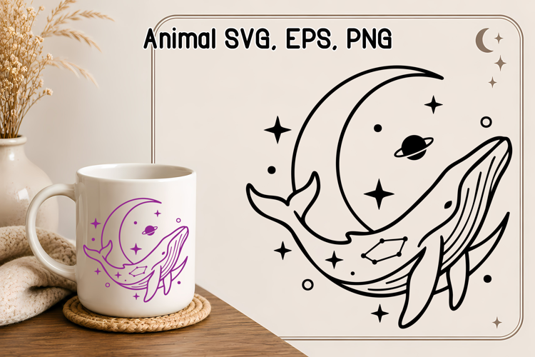 Celestial Whale SVG | Moon and Stars Ocean Animal Design