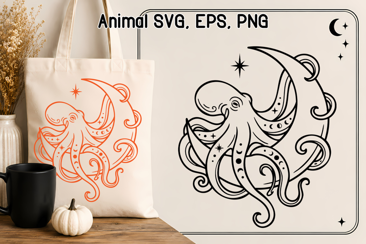 Celestial Octopus SVG | Moon and Stars Ocean Animal Design