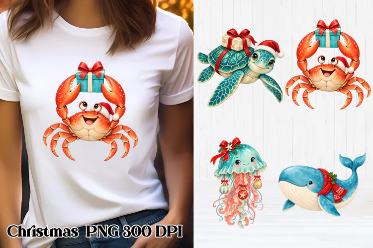 Coastal Christmas Sea Animals Clipart PNG