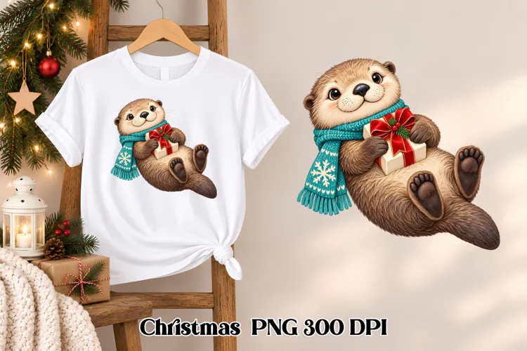 Cute Christmas Otter Gift Clipart PNG