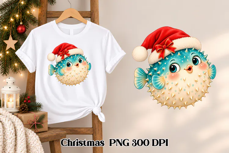 Cute Christmas Pufferfish Clipart PNG