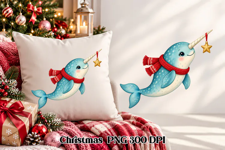 Cute Christmas Narwhal Clipart PNG