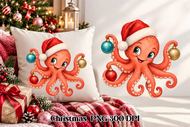 Cute Christmas Octopus Clipart PNG