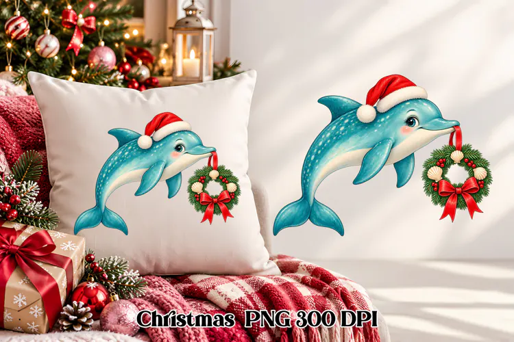 Christmas Dolphin Wreath Clipart PNG