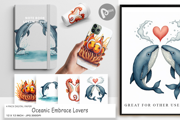 Oceanic Embrace Lovers Digital Paper