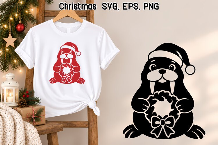 Christmas Walrus Wreath SVG | Christmas Animal SVG example image 1